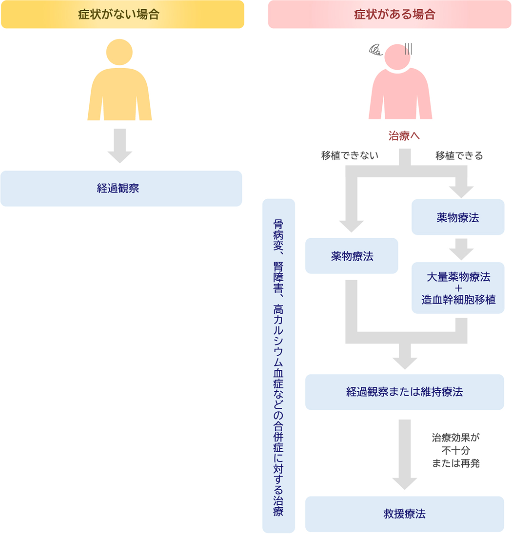 症状がない場合 経過観察 症状がある場合 治療へ 移植できない 薬物療法 移植できる 薬物療法 大量薬物療法＋造血幹細胞移植 経過観察または維持療法 治療効果が不十分または再発 救援療法 骨病変、腎障害、高カルシウム血症などの合併症に対する治療