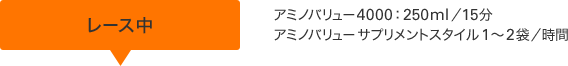 レース中 アミノバリュー4000:250ml/15分 アミノバリューサプリメントスタイル1～2袋/時間