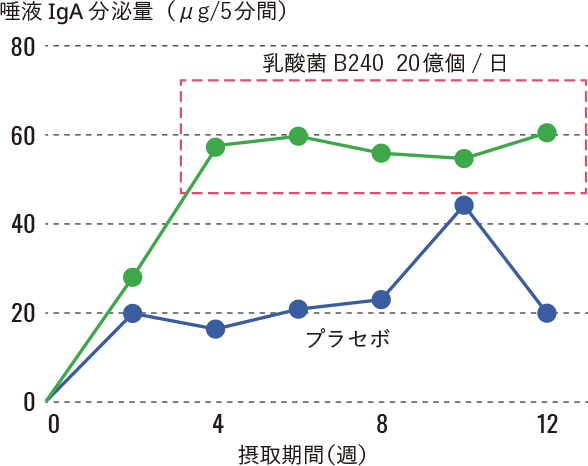 高齢者の乳酸菌B240摂取による5分間のIgA分泌量のグラフ