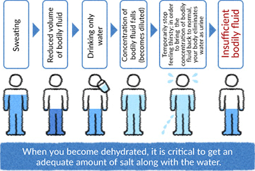 When you become dehydrated, it is critical to get an adequate amount of salt along with the water.