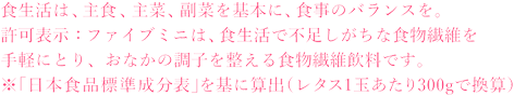 食生活は、主食、主菜、副菜を基本に、食事のバランスを。許可表示：ファイブミニは、食生活で不足しがちな食物繊維を手軽にとり、おなかの調子を整える食物繊維飲料です。※「日本食品標準成分表」を基に算出（レタス1玉あたり300gで換算）