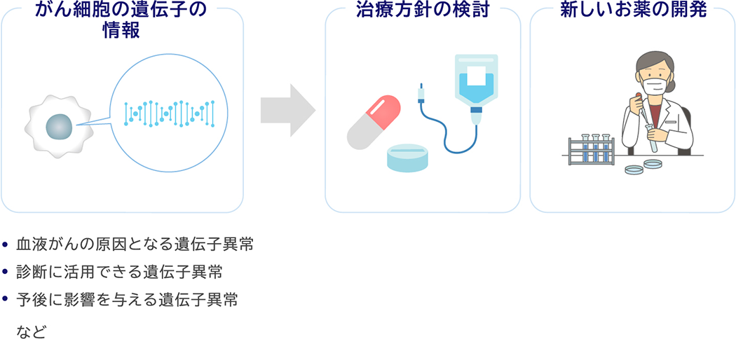 がん細胞の遺伝子の情報 血液がんの原因となる遺伝子異常 診断に活用できる遺伝子異常 予後に影響を与える遺伝子異常など 治療方針の検討 新しいお薬の開発