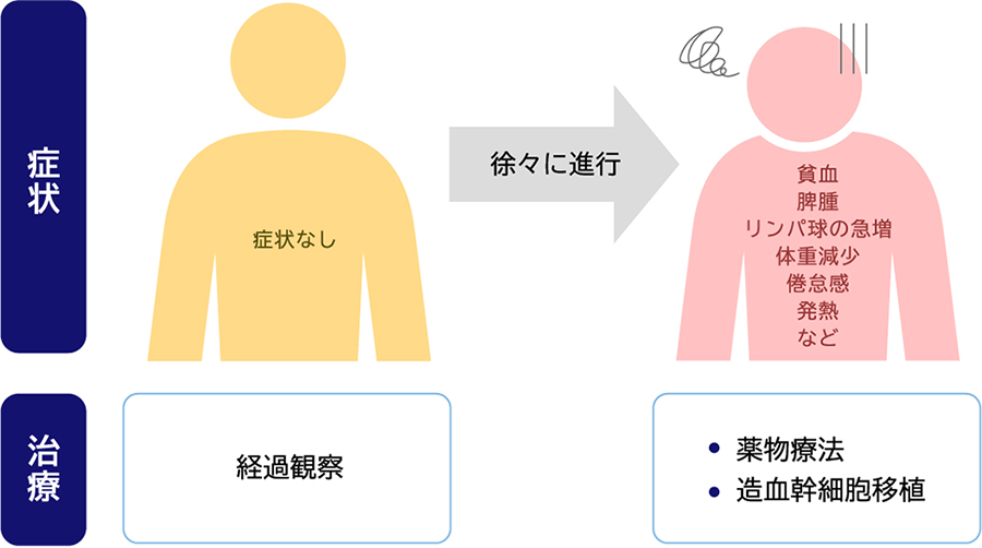 症状 症状なし 徐々に進行 貧血 脾腫 リンパ球の急増 体重減少 倦怠感 発熱 など 治療 経過観察 ・薬物療法 ・造血幹細胞移植