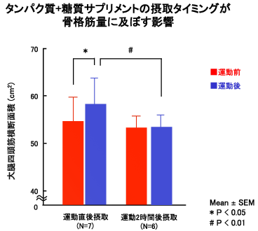 タンパク質＋糖質サプリメントの摂取タイミングが骨格筋量に及ぼす影響