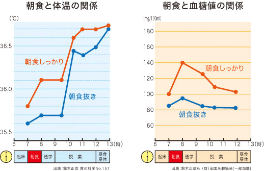 朝食と体温の関係／朝食と血糖値の関係