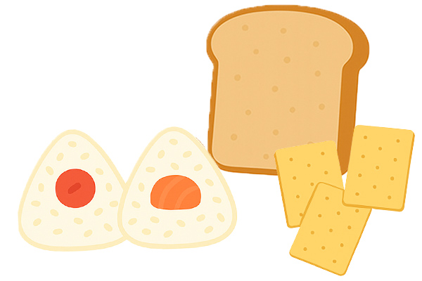 梅干しおにぎり,鮭おにぎり、全粒粉パン、クラッカーのイラスト
