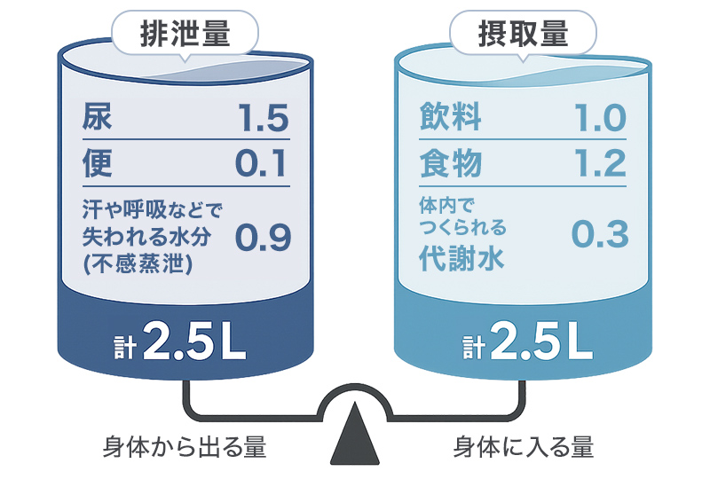 成人の一日における水分の排泄量と摂取量