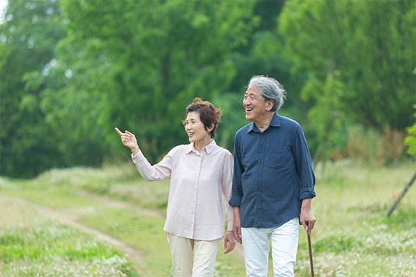 自然の中を散歩する年配の夫婦